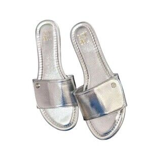 Women Size 7.5 M Adelle Flat Slide Sandal Metallic Silver Adjustable Strap